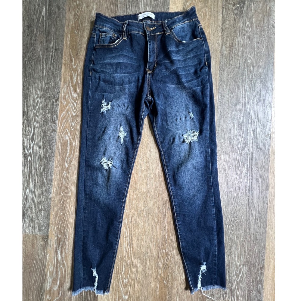 Encore Jeans Skinny Jeans Womens 9 Dark Wash Distressed Frayed Hem 9911